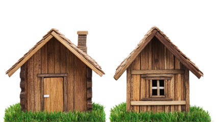 Wooden house on grass, isolated on white background.
