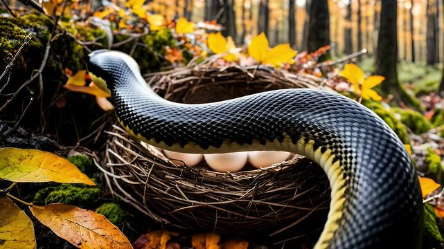 Snake Attacking Bird Eggs in Forest Nest
