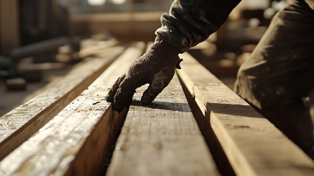 Carpenter's Hand on Wooden Planks