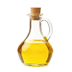 Pure yellow oil in a glass bottle with cork on a Transparent background for culinary use and food preparation, Yellow oil isolated on PNG background