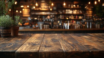 Dark wooden table with blurred bar interior background displaying products for montage concept. High-resolution 5K photo with soft warm lighting and bokeh effect for commercial still life photography.