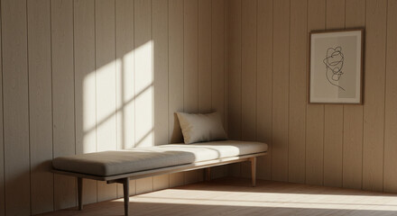 Minimalist Room Exhibits Bench with Pillow and Line Art, Showcasing Sunlight and Wood