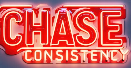Bright red neon sign displays CHASE above CONSISTENCY. Bold lettering, vibrant glow, motivational message. Simple design.
