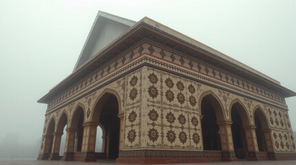 Obraz premium Ethnic patterned architecture standing solemnly in the morning mist, evoking spiritual serenity.