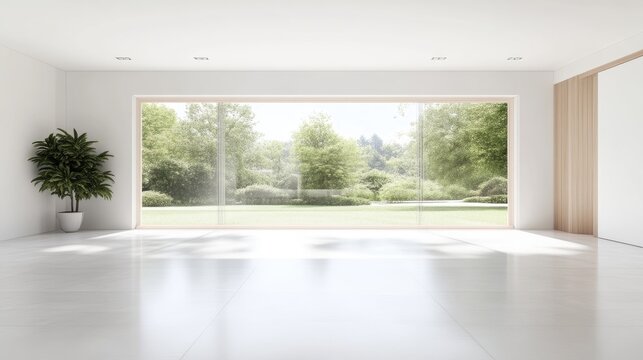 Spacious, minimalist interior with large windows showcasing a lush garden