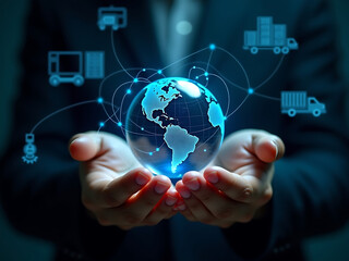 Hands holding globe with network connecting data of logistics management and supply chain operations, transportation routes, inventory systems, distribution centers, procurement strategies.
