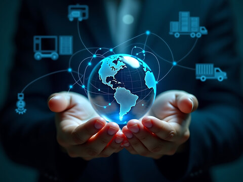 Hands holding globe with network connecting data of logistics management and supply chain operations, transportation routes, inventory systems, distribution centers, procurement strategies.