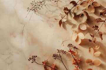 Dried Leaves and Stems on Textured Beige Background for Decor