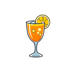 Orange juice cocktail illustration with slice of orange and ice cubes in glass for summer drink design