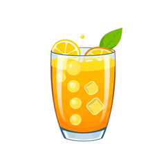 Fresh orange juice with ice cubes and lemon slices refreshing summer drink vector illustration art design