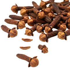 Aromatic cloves falling on black background rich brown tones exquisite on transparent background
