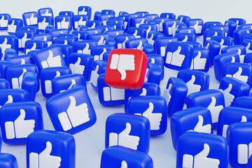 Fototapeta premium A red thumbs-down icon rises among a sea of blue thumbs-up symbols, expressing opposition, contrast, and individual opinion.