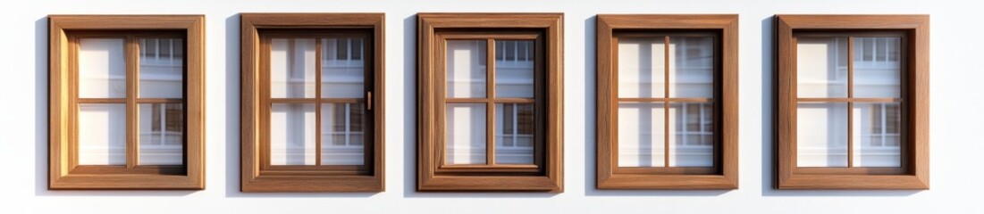 Five Rustic Brown Wooden Framed Windows on White Wall