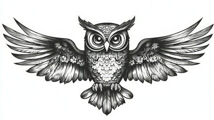 Obraz premium Stunning Ornate Owl with Floral Wings: Black and White Tattoo Design