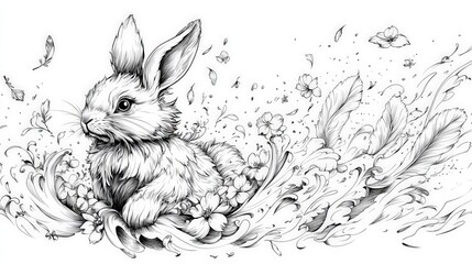 Elegant Rabbit in Floral Wave: Intricate Ink Drawing Art Print