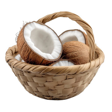 a woven basket containing several coconut halves. showcasing their fibrous shells and white interiors the arrangement highlights the natural textures and colors. making it suitable for culinary presen