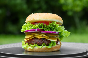 Pojedynczy cheeseburger z bliska, chrupiąca sałata, bułka z sezamem, kotlet wołowy z cebulą i pomidorem