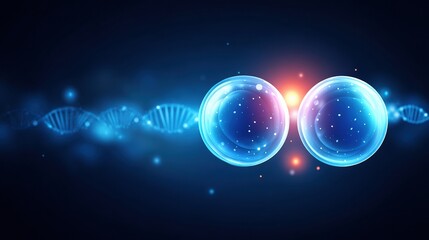 A futuristic representation of two glowing cells with a DNA strand, symbolizing the essence of life and scientific exploration.