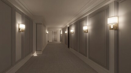 Elegant hotel corridor bathed in warm light