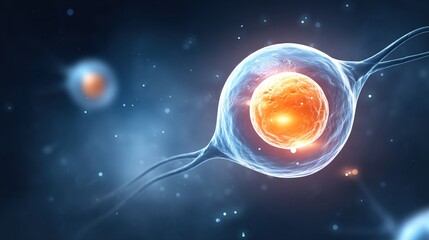 A visually striking illustration of a cell, showcasing its structure with a vibrant nucleus, surrounded by a blurred background of other microscopic elements.