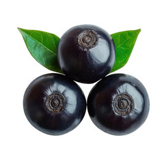 Fototapeta premium three glossy. dark purple berries arranged in a triangular formation. accompanied by two green leaves the berries have a smooth surface and a round shape. suggesting they are ripe and fresh the clean
