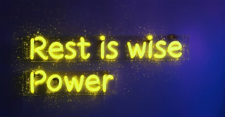 Obraz premium Bright yellow neon sign displays text. Background features dark blue, gold sparkles. Message promotes relaxation, strength.