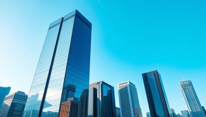 Obraz premium Sleek glass highrise reflects blue sky, modern city backdrop, urban landscape, metropolitan