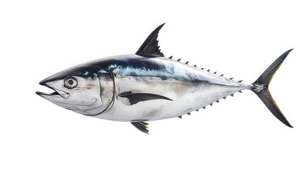 Fototapeta premium realistic illustration of a tuna fish. showcasing its streamlined body. distinct coloration. and prominent fins the fish is depicted against a plain white background. emphasizing its details and form.