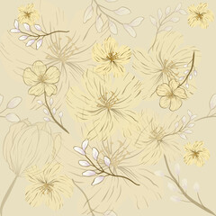 Light yellow flowers and white branches on a light yellow background.