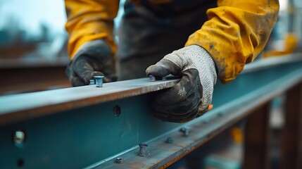 Construction Worker Assembling Steel Beam