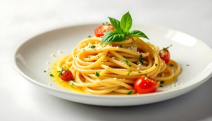 Delicious Spaghetti Aglio e Olio Pasta Dish with Cherry Tomatoes and Basil