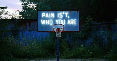 Bright white neon sign pain isn t who you are in chunky letters glowing above rusted basketball hoop in overgrown schoolyard