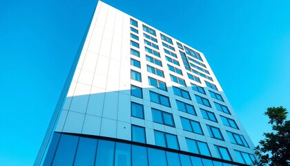 Obraz premium Sleek, minimalist building facade against vibrant blue sky; ample empty space, skyscraper, abstract architecture