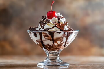 Ice cream sundae with cherry on a white background