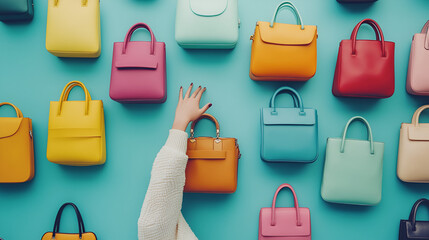 Woman touching many colorful purses handbags ai genrative
