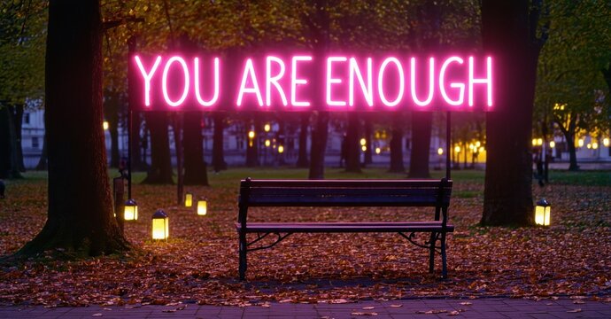 Naklejki Pink neon you are enough in bold type flickering above bench in quiet public park with fallen leaves and dim lanterns glowing through trees