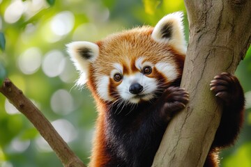 Obraz premium Adorable red panda climbing a tree in a lush green forest environment