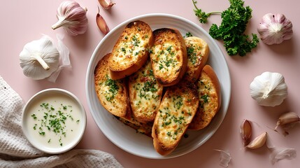 Fototapeta premium Clean food photography of garlic bread on pastel background minimal food styling soft light dessert flat lay