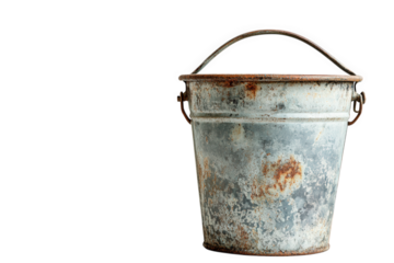 weathered metal bucket with a rusty finish. showcasing a vintage design its worn appearance suggests it has been used over time. possibly for carrying or storing items the simple. rustic aesthetic mak