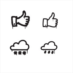 Simple black and white graphic icons of thumbs up and weather icons.