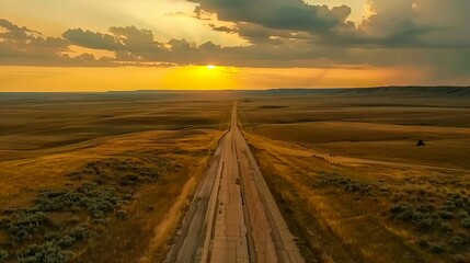Aerial view of endless highway stretching into horizon under golden sunset, symbolizing boundless opportunities and journey to success. Road trip, travel adventure and freedom concept.