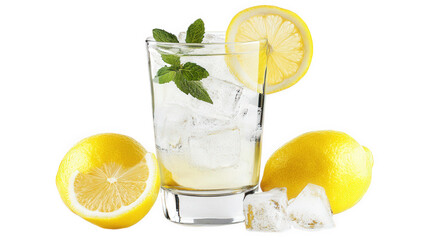 a refreshing drink is showcased in a clear glass filled with ice cubes. garnished with mint leaves and accompanied by fresh lemons. highlighting a vibrant and inviting beverage perfect for warm weathe