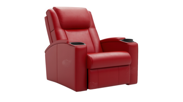 a modern red recliner chair designed for comfort and relaxation. featuring plush upholstery and built-in cup holders. ideal for home theaters or living spaces its sleek design enhances any room's aest