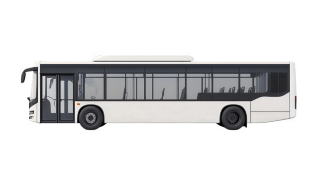 modern. side-view representation of a city bus. showcasing its sleek design and spacious interior the bus is primarily white with black accents. emphasizing its functional purpose for public transport