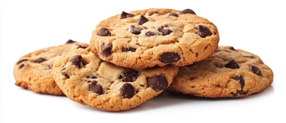 Delicious chocolate chip cookies stacked on a white background creating a warm and inviting mood perfect for baking recipes and sweet treat promotions with a clean studio shot