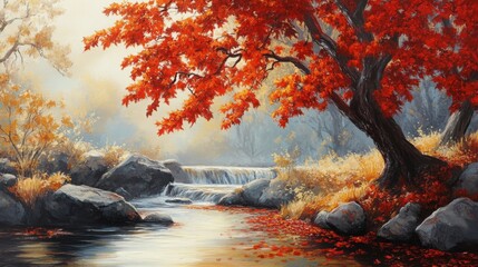 Autumn fantasy scene with a vibrant red maple tree by a clear stream, soft golden rays illuminating fallen leaves, dreamy and serene.