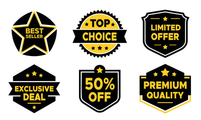 Promotional badges vector of best seller, top choice, 50% off, limited offer, premium quality, exclusive deal, badges and label set