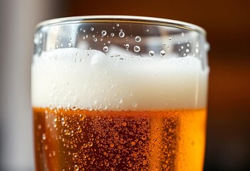 Close-up of condensation-covered beer glass, frothy head, golden liquid, pub,  royalty free