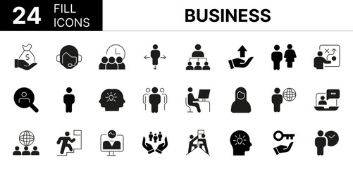 Collection of 24 Business fill icons featuring editable strokes. These outline icons depict various modes of Business, brainstorming, goal, success, agreements, candidate, meeting, leadership, men at 