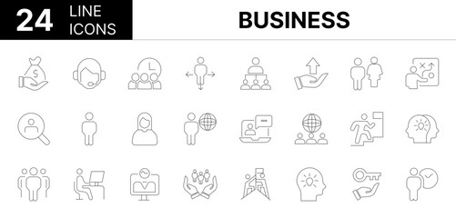 Collection of 24 Business line icons featuring editable strokes. These outline icons depict various modes of Business, brainstorming, goal, success, agreements, candidate, meeting, leadership, men at 